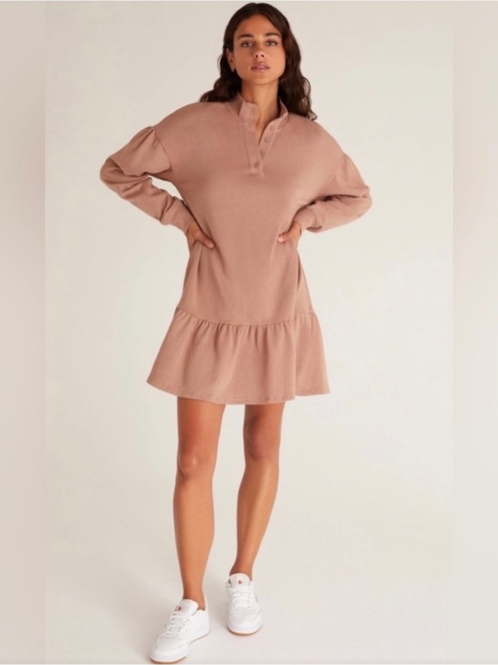Z Supply Ivy Henley Dress Mini Long Sleeve Brown XL